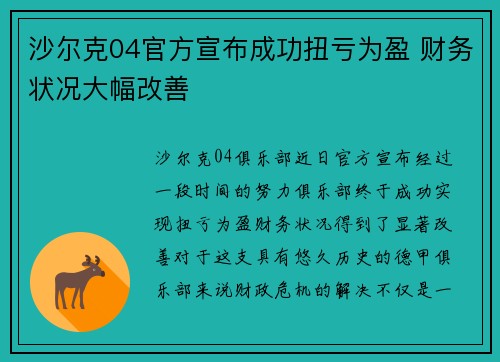 沙尔克04官方宣布成功扭亏为盈 财务状况大幅改善